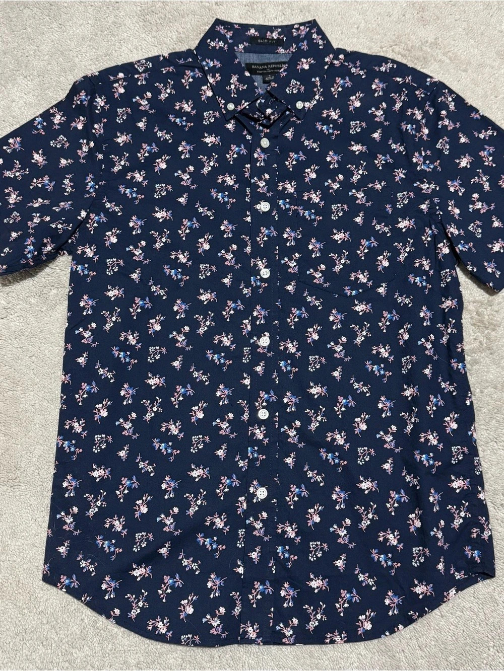 Banana Republic Men's Slim Fit Navy Stretch Floral Short Sleeve Button Down - S